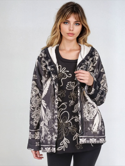 JOAN Zip Sherpa Jacket Myna Print