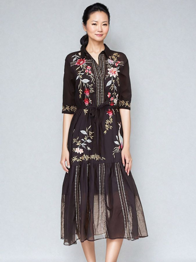 Johnny Was DARCEY Henley Shirt Dress Black-EXCLUSIVE